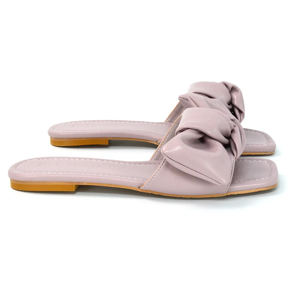 Kallie Flat Bow Detail Square Toe Summer Slider Sandals in Mint Synthetic Leather