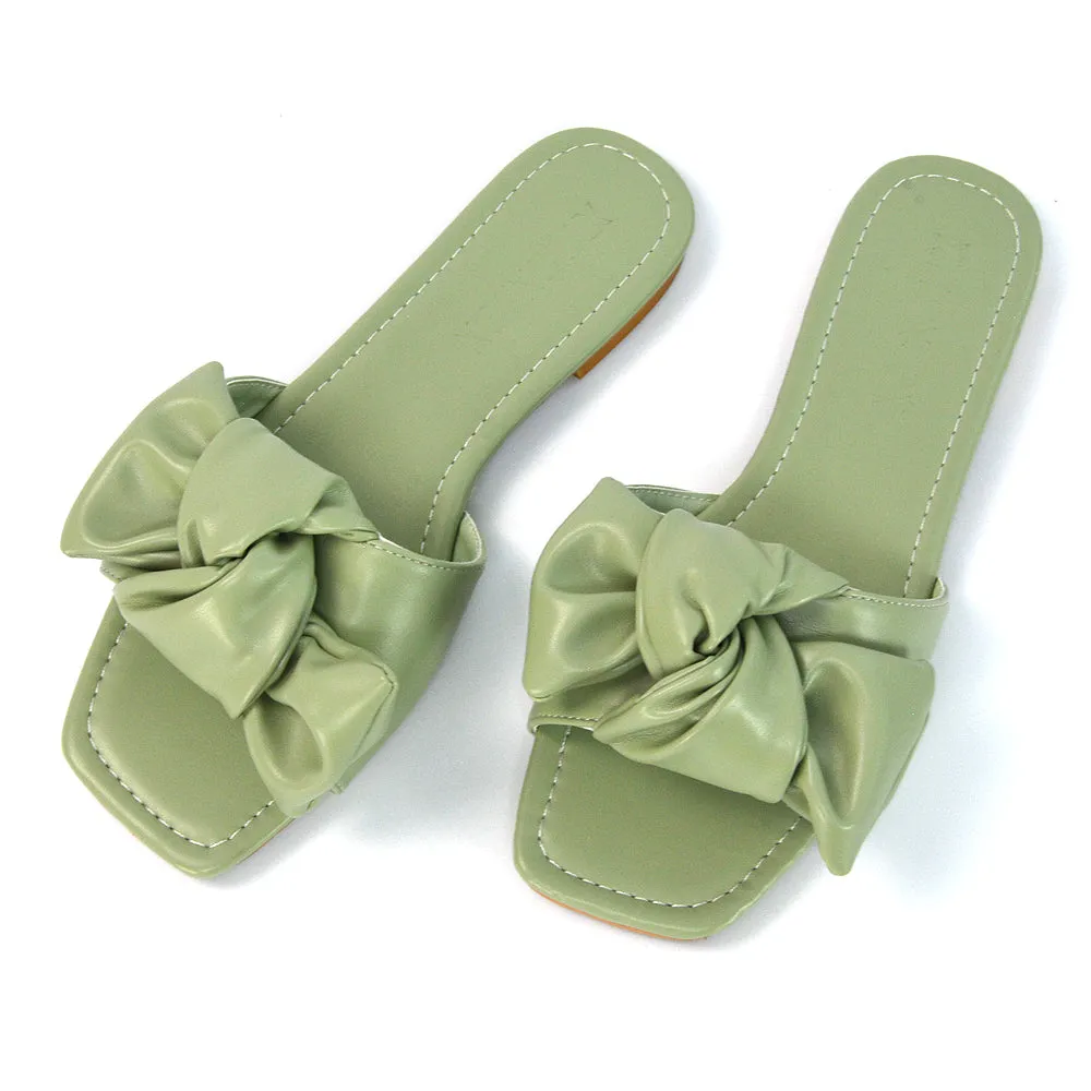 Kallie Flat Bow Detail Square Toe Summer Slider Sandals in Mint Synthetic Leather