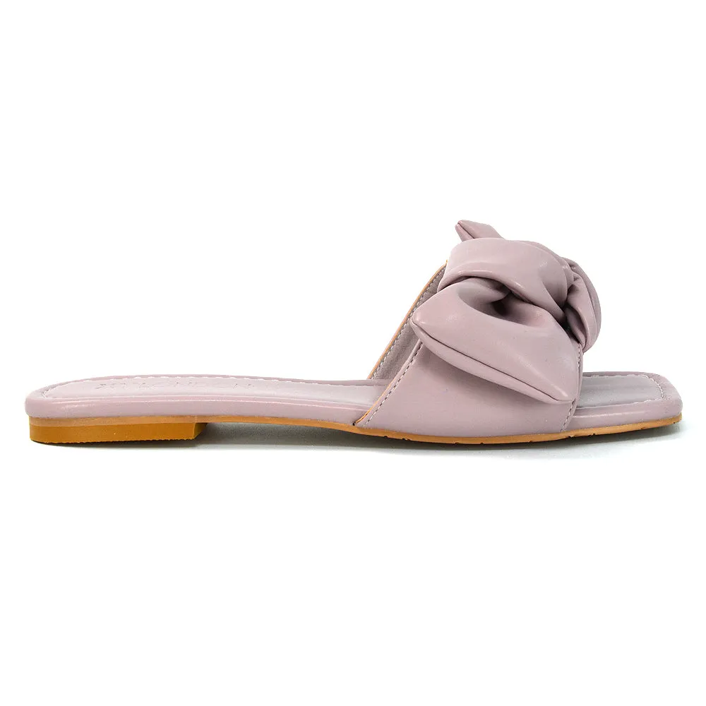 Kallie Flat Bow Detail Square Toe Summer Slider Sandals in Mint Synthetic Leather