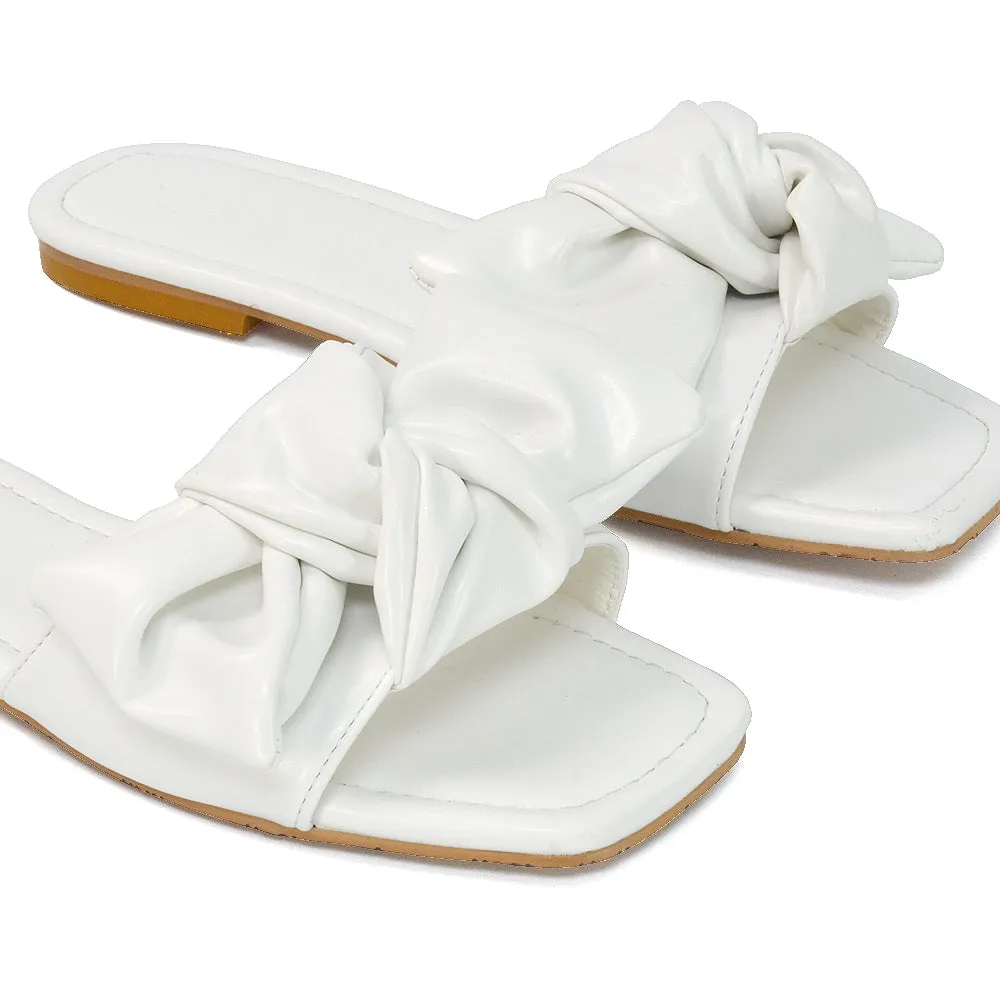 Kallie Flat Bow Detail Square Toe Summer Slider Sandals in Mint Synthetic Leather
